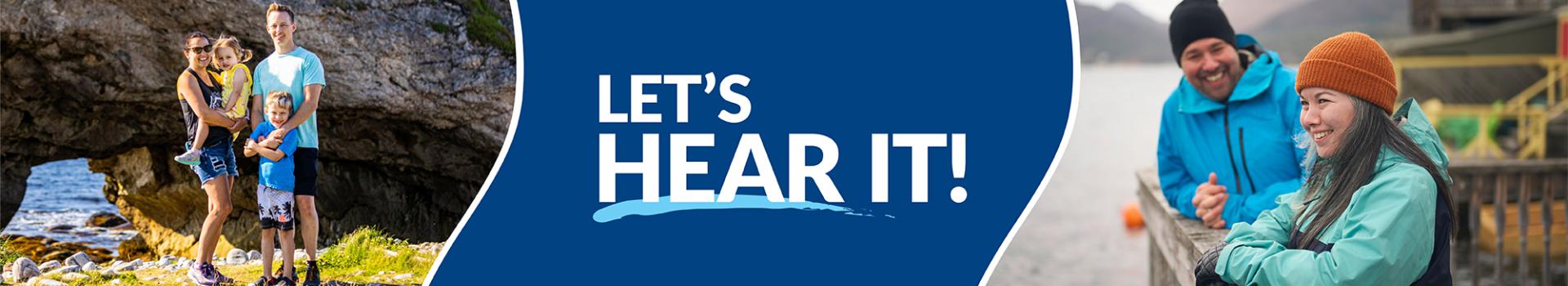 Banner with two photographs: hikers under a rock arch; smiling couple on a lakeside dock.