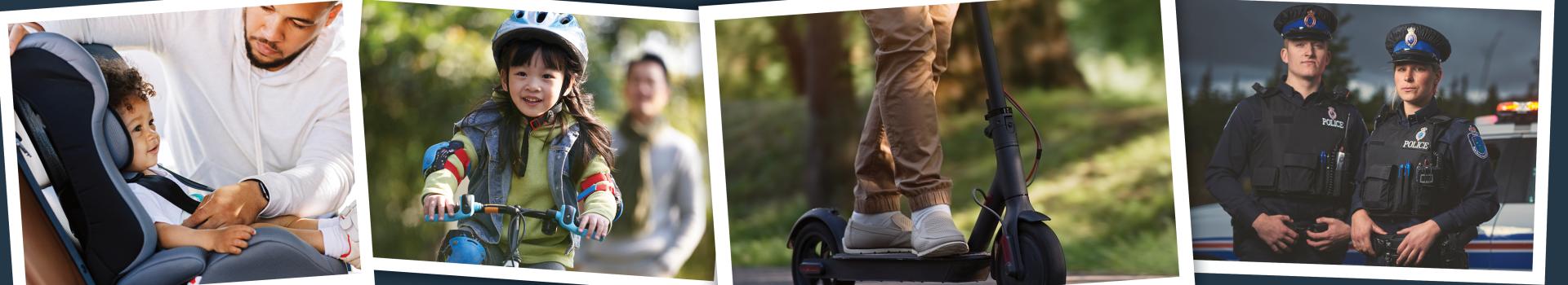 Decorative collage of blurry photos: car safety, children playing, scooter, and police officers