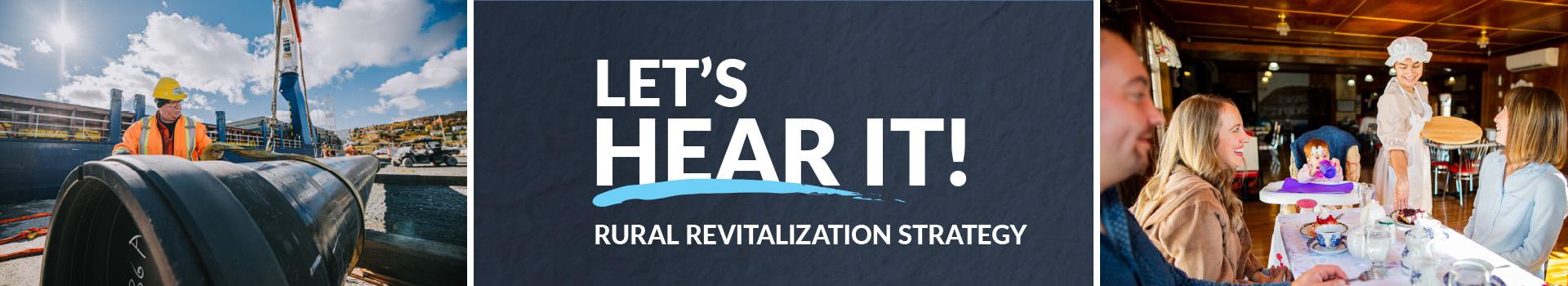 Banner with industrial workers, "LET'S HEAR IT!", and people in a social setting.
